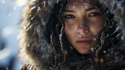 Close-up of a fictional Inuit girl. - obrazy, fototapety, plakaty