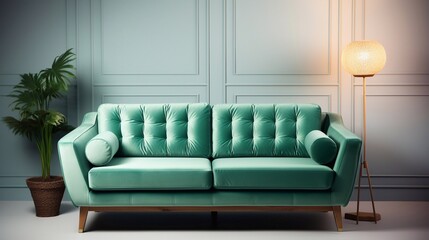 a picture of interior with green sofa and lamp on the wall, 3d render Generative AI