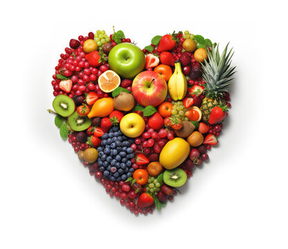 a collection of fruits of various types arranged to form a heart symbol on white background. generative AI