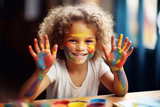a picture of Portrait of cute little girl showing her hands painted in bright colors artwork and artist table Generative AI