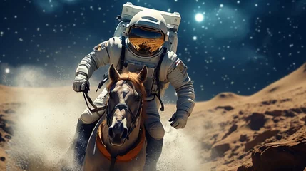 Foto auf Glas Astronaut speed riding a horse in the desert. 3d rendering a man riding horse in desert with stars in the background Generative AI © Saim Art