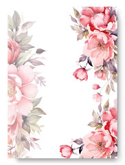 Corner of pink peony flower arrangement on wedding invitation background