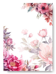 Hand painting of pink peony and leaves arrangement on wedding invitation background