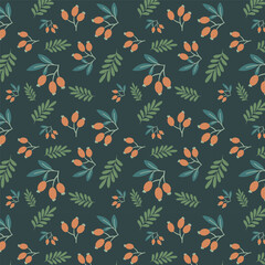 Floral seamless pattern with the pattern template in the Swatches panel. Red berries and green leaves on dark background. Vector art