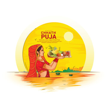 vector illustration of Chhath Puja,traditional puja ceremony of God Sun festival of India.
