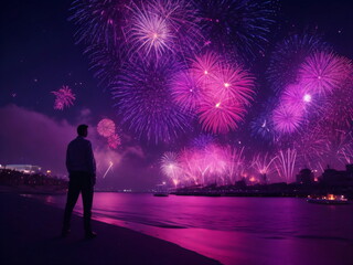 Fototapeta na wymiar Happy new year. Man watching fireworks. People celebrate new 2024 year. Winter holiday party. Outdoor fun. People watching firework show