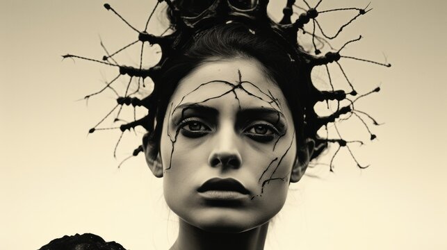Close Up Photo Portrait, faded vintage horror model shot, twiggy hair, voodoo, tribal, surreal, arty, weird, beautiful but dark, creepy fashion, nightmare ritualistic, haunting eyes