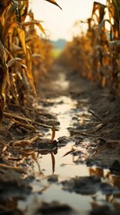 Corn field after rain close-up.