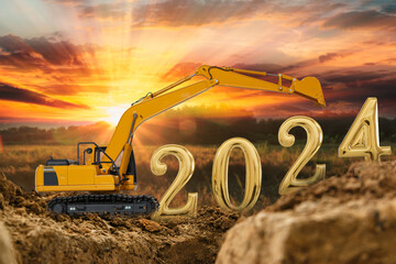 Concept Happy new year 2024,crawler excavator with lift up bucket  is in construction site .on...