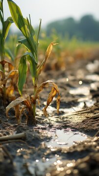 Corn field after rain close-up.