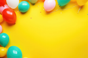 Pile of colorful balloons with confetti, and knickknacks on yellow yellow background. Birthday party background with random mix of colorful balloons. Festive greeting card. Generative AI. Made with AI