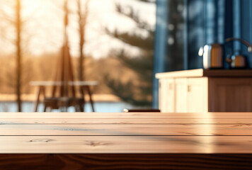 Wooden table with bright blurred background