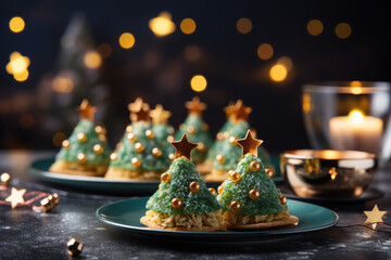 Holiday appetizer, canapes in form of christmas tree.Christmas holiday food. - obrazy, fototapety, plakaty