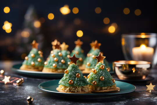 Holiday appetizer, canapes in form of christmas tree.Christmas holiday food.