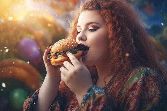 Plus size woman eating burger, AI generated