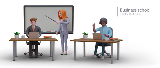 Business school. Woman in business suit stands with pointer near blackboard, men make notes in laptops. Concept of modern education for adults. Professional courses