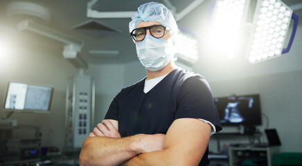 Man, portrait and surgery in operating room confident healthcare, professional or expert help. Male...