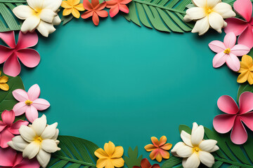 Naklejka na ściany i meble Summer background with beautiful tropical flowers and green tropical palm leaves with a green background and empty space in the middle for your text.