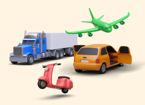 3d different transportation for travel and delivery. Orange car with open doors, red scooter. Truck for cargo transportation and heavy loads delivery. Air transportation by plane. Vector illustration
