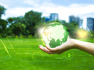 Earth on close up open hand.Low polygon.Agriculture green technology and environment concept,...