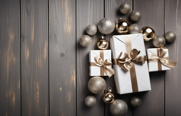 white gift boxes with gold ribbons and Christmas balls on a wooden background, top view. Christmas background