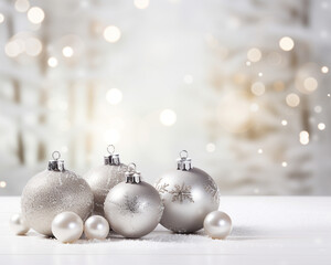 Silver christmas baubles decoration on blurred background with lights.