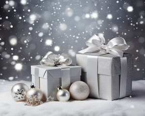 Fototapeta na wymiar Christmas silver and gold balls and silver gift boxes on snow