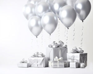silver gift boxes with ribbons and balloons on white background
