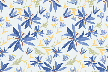 Fototapeta premium Floral Ikat pattern seamless paisley embroidery border with magnolia flower motifs background border oriental Japanese style. Ikat pattern seamless vector illustration design .