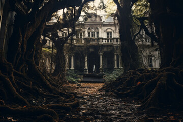 An old and abandoned mansion covered with tree branches