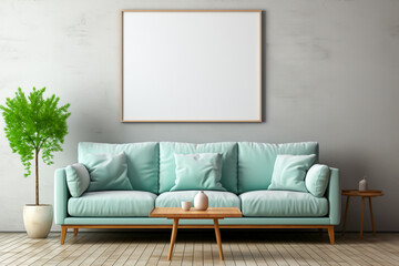 Living, waiting room with mint green plush couch, plants and large blank picture frame. Empty white poster with copy space. Light walls and floor. Front view background. Interior, mockup art concept. 