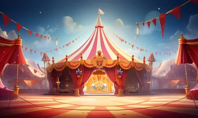 Fotobehang A colorful and whimsical circus tent standing tall at the big top circus © Mohsin