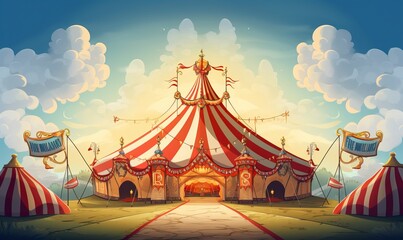 A colorful and whimsical circus tent standing tall at the big top circus - obrazy, fototapety, plakaty