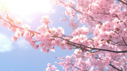 A peaceful view of cherry blossoms at tree level, showcasing the delicate beauty of these pink and white blooms