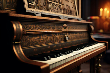 Antique player piano with scrolling pape - obrazy, fototapety, plakaty