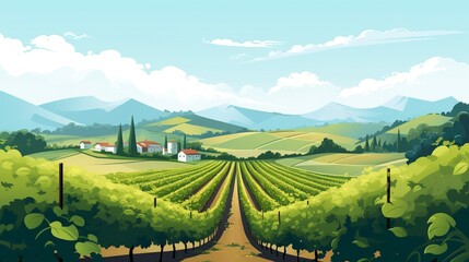 An idyllic vineyard landscape featuring neatly arranged vineyard rows set under a serene sky, creating a tranquil scene of natural beauty