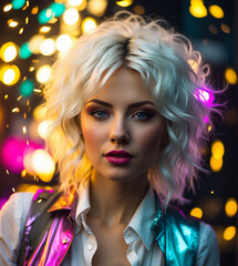 Obraz na płótnie Canvas Beautiful girl with colorful lights. Stunning blond girl in a club. Closeup face of young beautiful woman with a healthy clean skin. Pretty woman with bright makeup