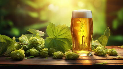 International beer day, a glass of light hopped beer on a wooden table and green hops. Generative Ai - obrazy, fototapety, plakaty