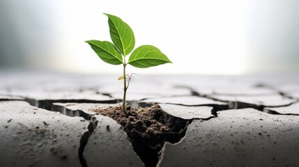 A realistic image of a plant growing out of a crack in the dry ground The plant has three green leaves and a thin stem The ground is cracked and brown, showing the harsh environment The background is - obrazy, fototapety, plakaty