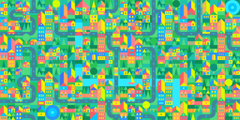 Trendy Seamless Abstract Cartoon Urban Vector Bauhaus Swiss Geometric City Pattern Design Background Template