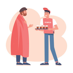 Man Volunteer Character Giving Hot Drink as Humanitarian Aid and Help to Poor Vector Illustration