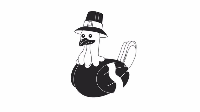 Pilgrim turkey blinking bw 2D character animation. Poultry bird wearing hat outline cartoon 4K video, alpha channel. Thanksgiving. Capotain turkey animated animal isolated on white background