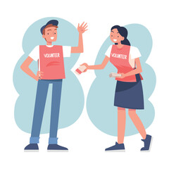 Man and Woman Volunteer Character Giving Flyers Vector Illustration