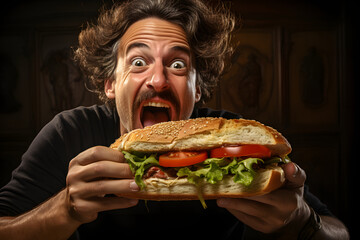 Portrait of a man eating a big sandwich - obrazy, fototapety, plakaty