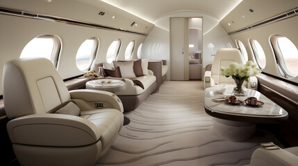 Luxurious salon in light colors made of pure leather in a business jet