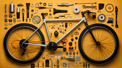 Top view of bicycle and its parts. Bike and parts of it, layout