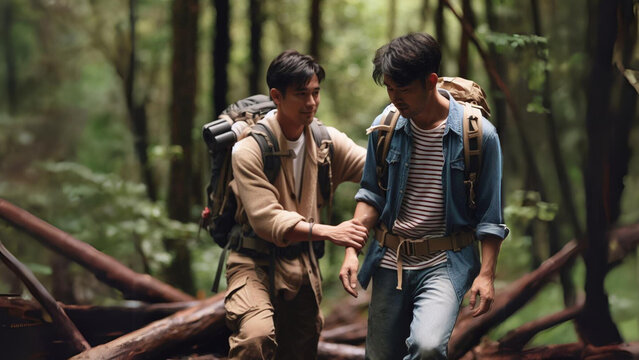 Two friends hiking in the deep forest together and supporting eachother