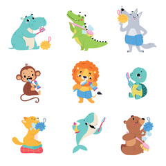 Cute Animals Washing Engaged in Personal Hygiene Vector Set