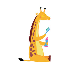 Yellow Giraffe Character Brushing Teeth with Toothbrush as Hygiene Vector Illustration
