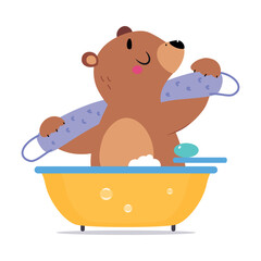 Cute Bear in Bathtub Washing Body with Scrub and Foam Vector Illustration